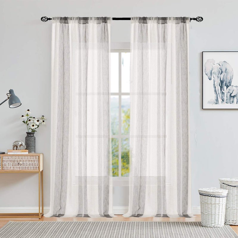 Central Park Sheer Gray and White Stripe Farmhouse Curtains Boucle Linen Window Curtain Panel Pairs Yarn Dyed Woven 108 Inches Long for Living Room Bedroom 2 Pack Rod Pocket Rustic Living Panels - Image 1